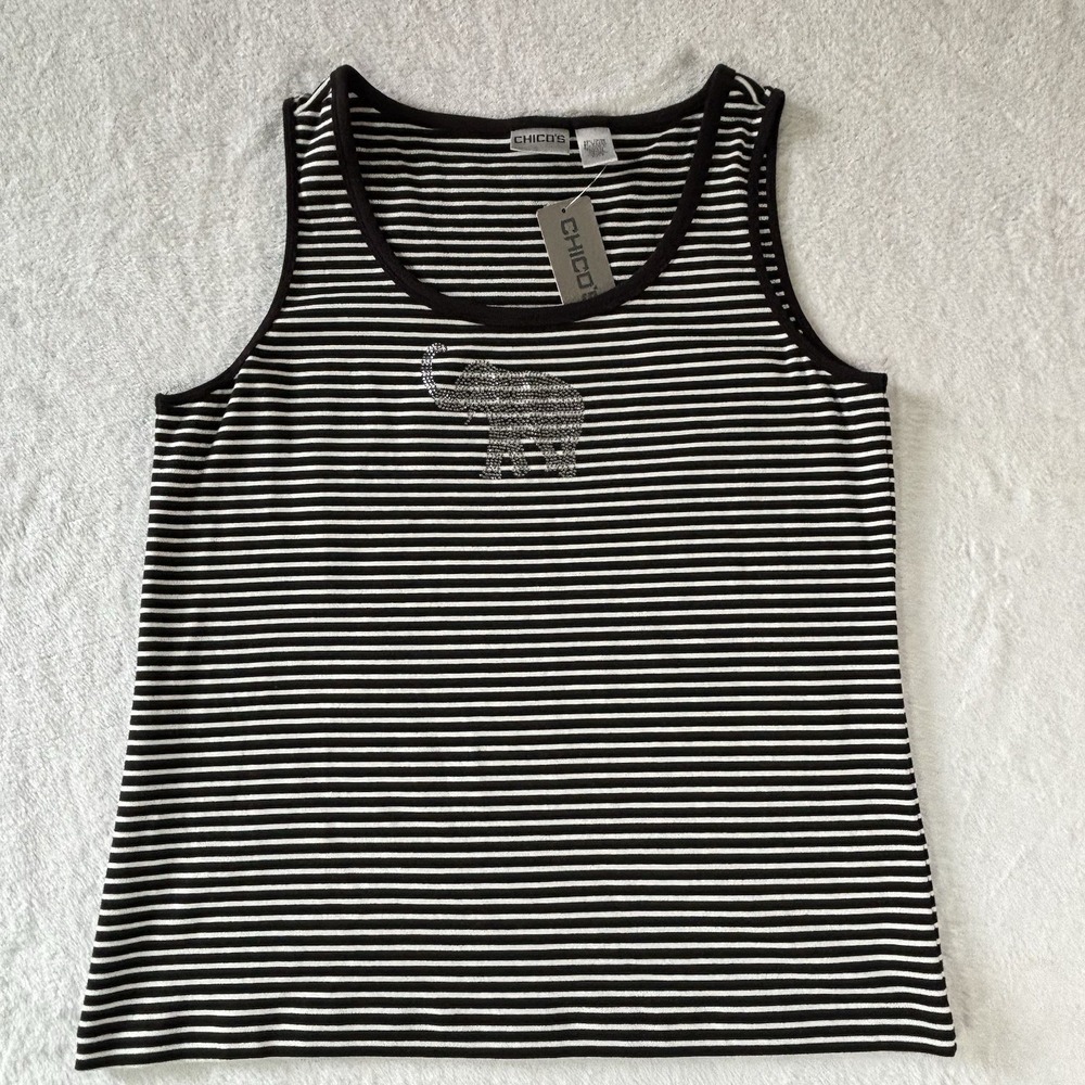 Chico's Women Black & White Stripe Tank Top With Rhinestone Elephant Size 2 Us L